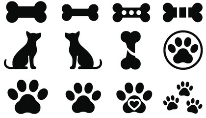 A collection of dog-related icons including bones and paw prints.