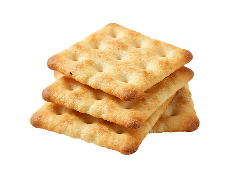 Stack of golden square crackers isolated on black