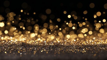 Abstract festive dark background with shimmering gold glitter and soft bokeh lights perfect for New Year birthday and holiday celebration party backdrop