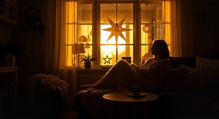 A person sitting on a couch in a dimly lit room, silhouetted against a window with warm golden light and a star decoration.