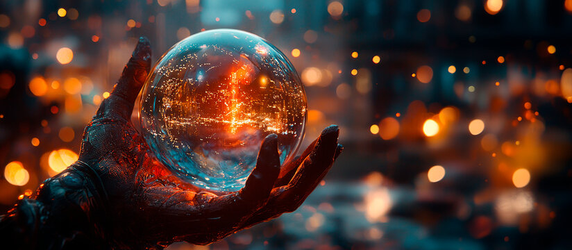 Mano de hechicero sosteniendo una esfera de cristal brillante con energ&iacute;a m&aacute;gica naranja en la oscuridad. Concepto m&iacute;stico de adivinaci&oacute;n y futuro, orbe de vidrio resplandeciente con luces bokeh.