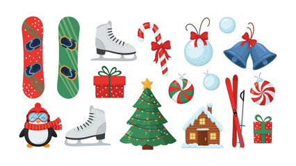 Holiday Cheer: A delightful array of festive ornaments and winter sports gear arranged to evoke the spirit of holiday celebration. 

