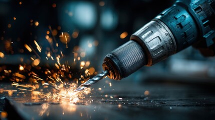 A worker uses a drill to create a hole in a steel sheet, generating sparks and metal shavings. The scene occurs in a well-lit workshop, showcasing craftsmanship and precision.