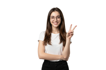 Young woman in glasses making a peace sign