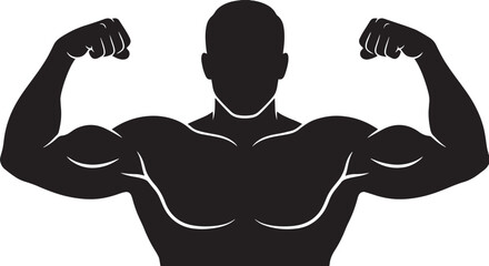 Fototapeta premium Black silhouette of a strong man flexing muscles on white background, vector