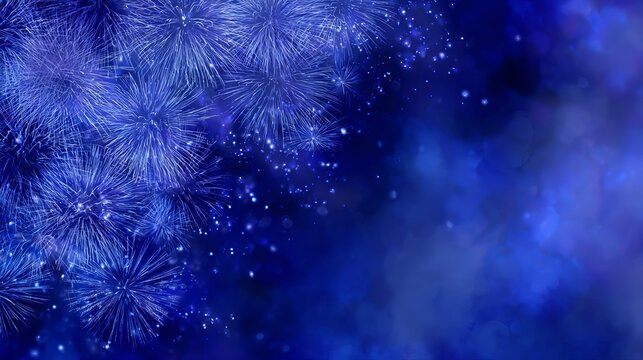 Colorful fireworks on deep blue night sky with glowing stars and bokeh lights festive holiday celebration background with copy space for greeting cards invitations and party banner text - Powered by Adobe