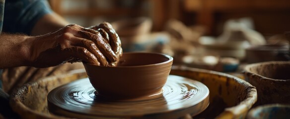 The clay bowl on a spinning wheel shaped by a potter's skilled hands