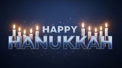 Happy Hanukkah”, metallic blue and-silver letters, soft glowing menorah candles behind the text