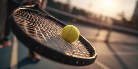 The tennis ball on a racquet resting on a sunlit outdoor tennis court