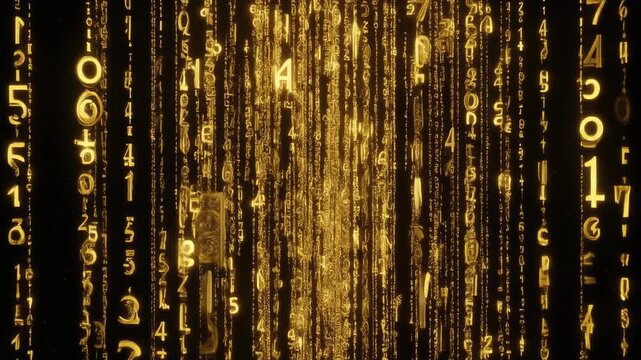 Glowing golden matrix code cascading vertically symbolizing cryptocurrency blockchain finance and secure network technology