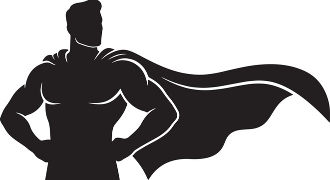 Black silhouette of a superhero pose man on white background, vector.