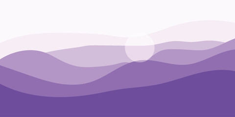 Fototapeta premium A minimalist abstract landscape illustration featuring layered purple waves and a subtle white sun or moon against a gradient sky.