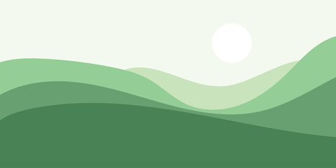 Obraz premium Minimalist landscape illustration with rolling green hills and a bright white sun in a light sky, creating a serene and abstract natural scene.