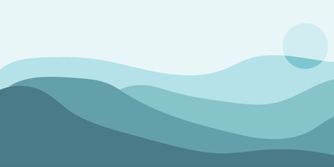 Obraz premium Abstract layered landscape with rolling blue and teal hills under a light sky and subtle sun.