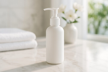 Simple white pump bottle for lotion or liquid soap standing on a marble countertop next to towels and white flowers mockup