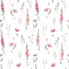 Seamless watercolor floral pattern with delicate wildflowers and soft greenery. Elegant botanical surface design for fabric, packaging, wedding decor, or spring-themed projects.