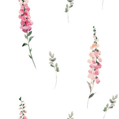Seamless watercolor pattern with pink foxglove flowers and green leaves. Elegant botanical surface design for textiles, packaging, wedding decor, and spring projects.
