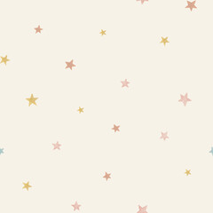 Seamless watercolor star pattern with pastel blue, pink and yellow stars on cream background. Hand-drawn celestial design for kids room, textiles, wrapping, and digital use.