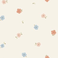 Seamless pattern with tiny watercolor flowers in soft coral, blush, and blue on light cream. Hand-painted cute floral design perfect for kids fabric, packaging, and spring-themed projects.
