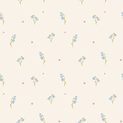 Seamless watercolor pattern with delicate bluebells and small stars on a light cream background. Ideal for nursery prints, baby clothes, and spring-themed designs.