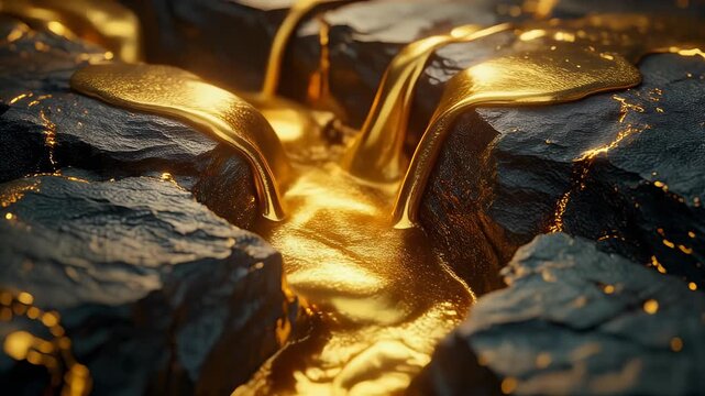 Close up of molten gold flowing through cracked black rocks in dramatic cinematic motion.