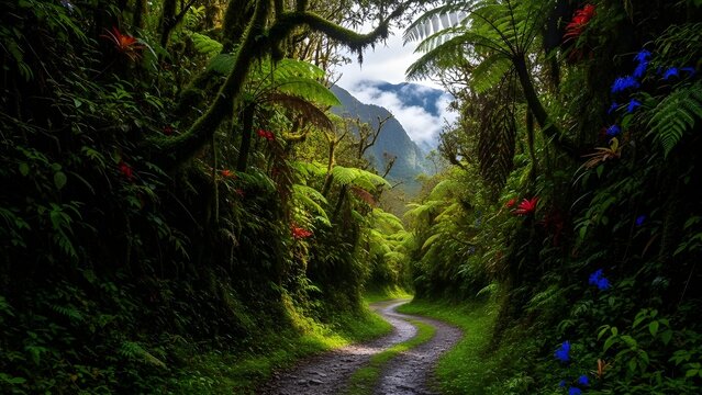 Hidden winding dirt path through a deep, mossy rainforest jungle tunnel with vibrant red and blue flowers