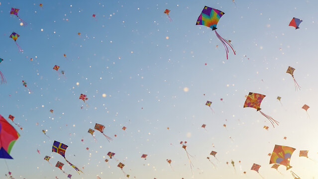 Kite festival Uttarayan, pastel blue gradient, kites drifting with warm festive particles