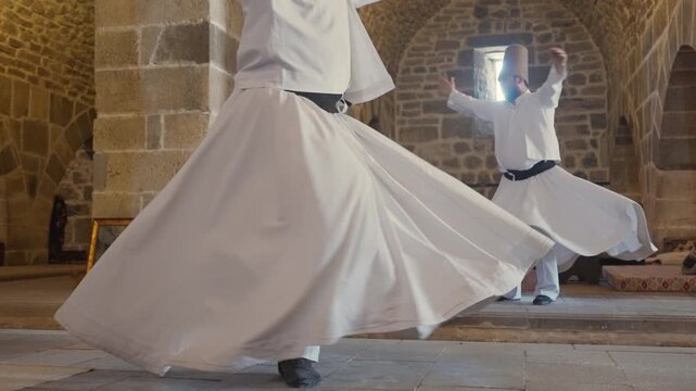 Slow motion of whirling Dervish dancers in traditional dress, Konya, Turkey