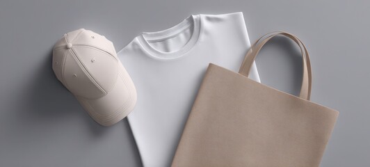 The beige cap with white tee and canvas tote bag on gray backdrop