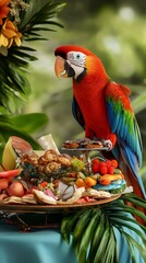 Colorful exotic bird perched beside a vibrant snack display adorned with festive touches, showcasing a tropical ambiance and inviting atmosphere