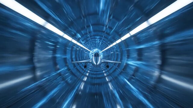 A futuristic jet plane flies rapidly through a glowing blue tunnel. This represents advanced technology, speed, and future transportation concepts.