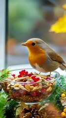 Festive food bowl filled with safe seeds and berries for birds, showcasing vibrant colors and natural textures in a cozy indoor setting