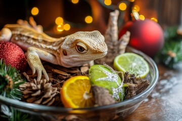Festive reptile dish featuring a bearded dragon surrounded by natural holiday decorations and vibrant fruits, creating a unique seasonal display
