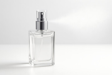 Fototapeta premium Clear glass perfume or facial toner spray bottle with silver cap on a clean white background with subtle mist spray mockup