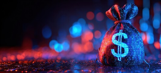 The money bag with glowing dollar symbol and futuristic LED bokeh background
