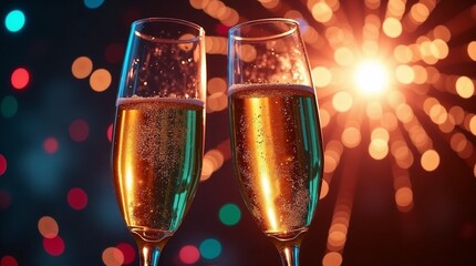 Two champagne glasses filled with sparkling wine toasting against a vibrant background of colorful bokeh lights and fireworks, ideal for New Year celebrations and festive party invitations