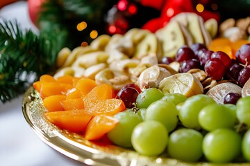 Holiday platter featuring vibrant seasonal fruits arranged beautifully on a golden tray, perfect for festive gatherings and pet-safe celebrations