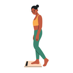 Flat cartoon vector illustration of black dark skinned woman standing on scale, simple wellness scene, home health theme, calm mood for fitness, weight control and lifestyle projects, cute character
