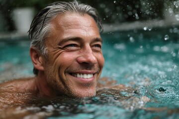 Middle-aged man enjoying a refreshing swim in a beautifully maintained outdoor pool