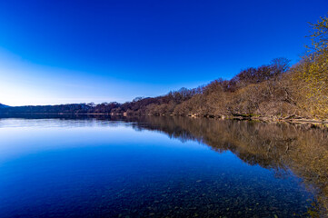 快晴の青空の鏡の水面に岸辺の風景を反射する湖。