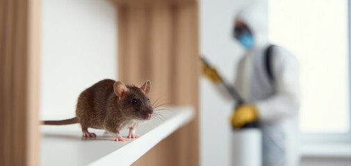 The Rat on a Kitchen Counter with a Person in Protective Gear Spraying Disinfectant