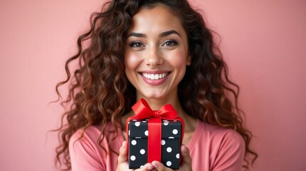 Happy young woman with curly hair holding black polka dot gift box with red ribbon against pink background for birthday and Valentine's Day celebrations