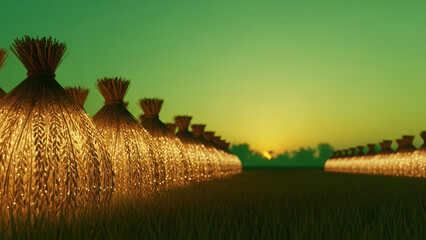 Magh Bihu, green gold gradient, harvest rice bundles with soft festive glow