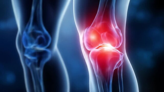 Medical-style image shows two knees with bright red joint inflammation, glowing pain zones. Glows red