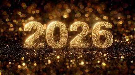 Golden 2026 Happy New Year fireworks blast with glittering countdown numbers and bokeh lights festive holiday celebration party background