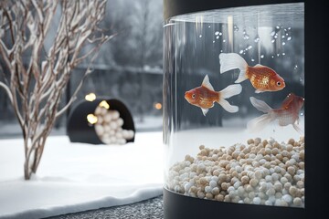 Minimalist front angle display of safe fish pellets with winter topaz, showcasing aquatic life in a serene snowy environment with vibrant goldfish swimming