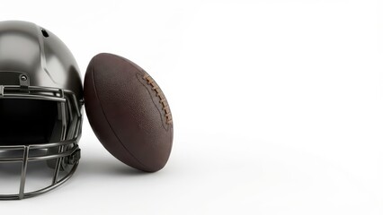 Close-Up of a Matte Black Football Helmet and a Brown Player Football on a White Background