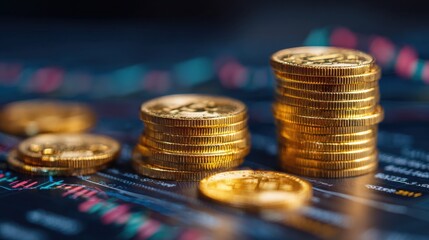 Stacks of gold coins are arranged on a financial chart filled with green and red lines. This scene captures the idea of wealth accumulation through investments, particularly in cryptocurrency.