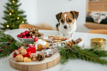 Small pet enjoying a winter holiday snack display with festive treats and holiday greenery in a cozy indoor setting
