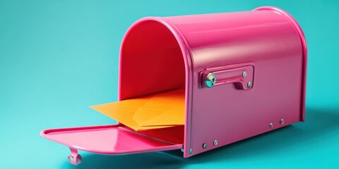 The Mailbox with Bright Pink Color and Yellow Envelope on Turquoise Background